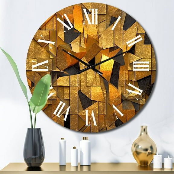 Designart "Fractal Tide in Gold and Black VI" Geometric Oversized Wall Clock