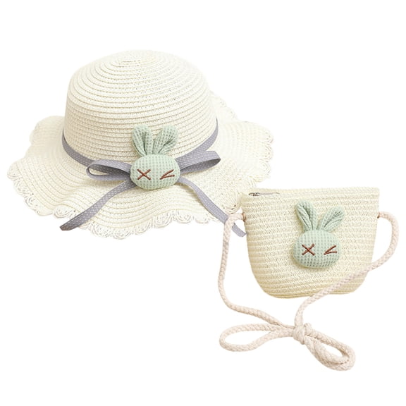 Daznico Kids Straw Hat and Bag Set, Cartoon Bunny Sun Protection Beach Hat with Matching Tote for Girls Summer