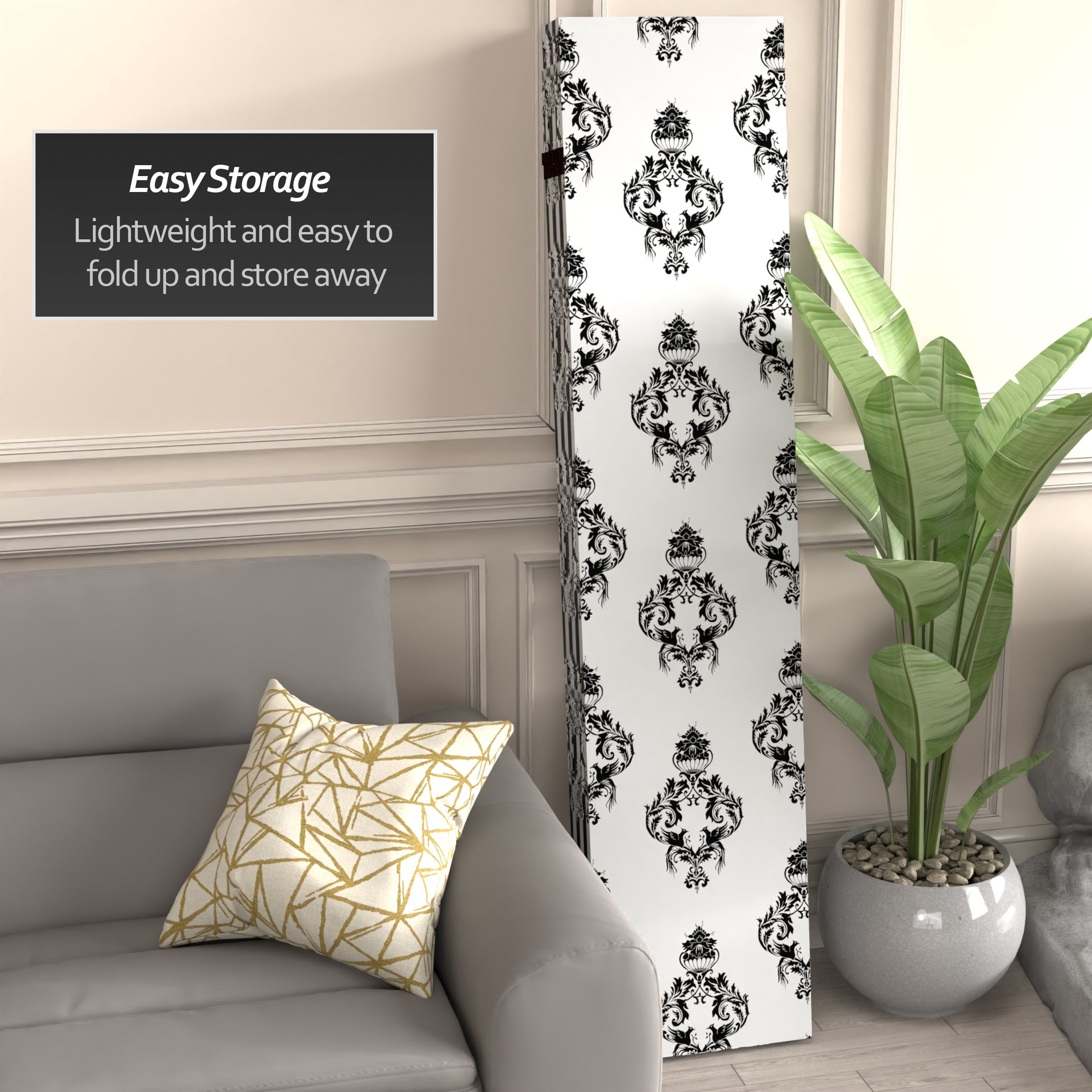 Oriental Furniture 6 ft. Tall Black and White Damask Room Divider - 6 Panel
