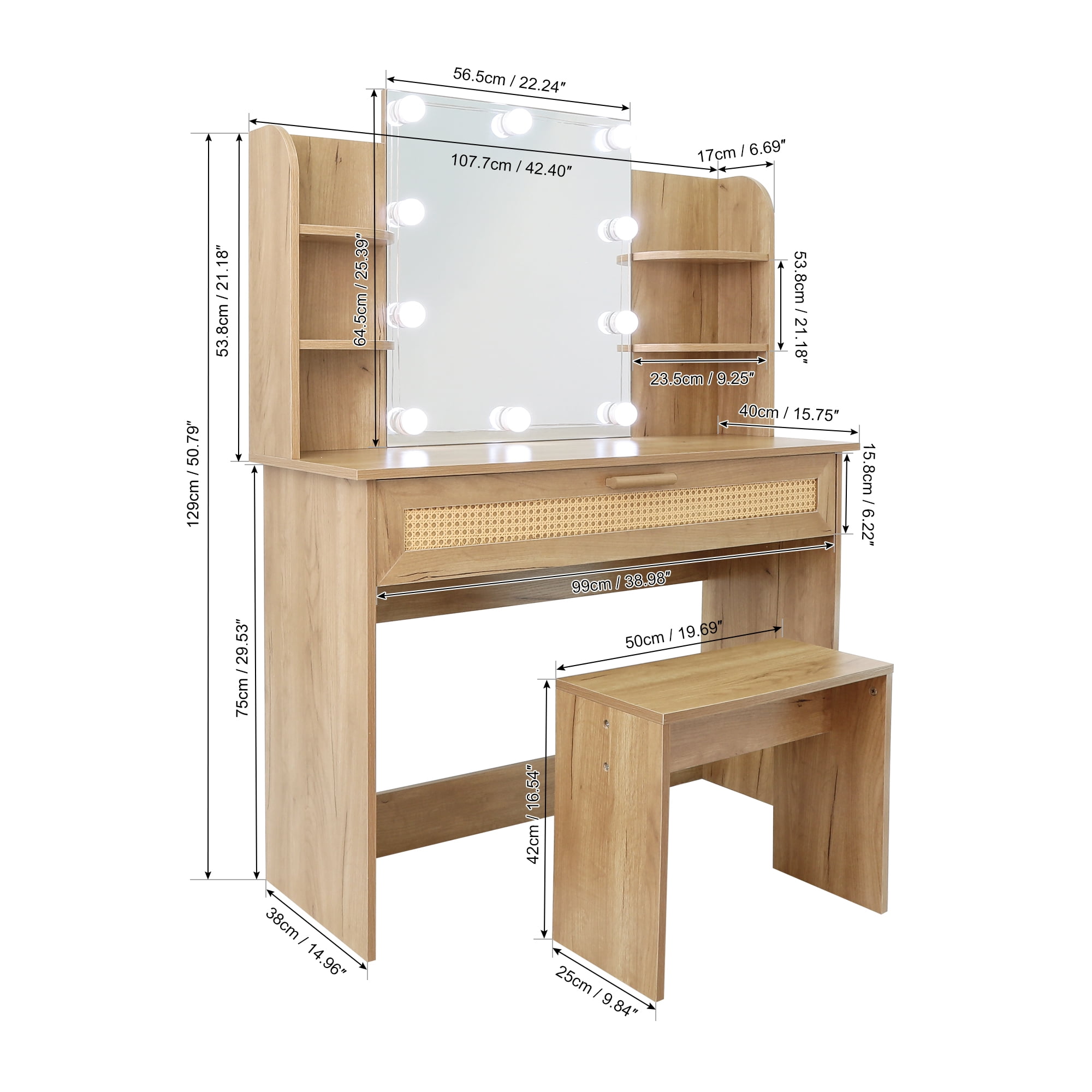 Kadyn 51" Vanity Desk Set Stool & Dressing Table with LED Lighting Mirror Drawer and Compartments Modern Wood Cosmetic Table Chest of Drawers Nature Color