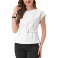 thumbnail image 1 of INSPIRAR CHIC Blusa Elegante de Manga Corta para Mujeres con Cuello Barco, Tops de Peplum con Cinturón para Oficina, M Blanca, 1 of 6