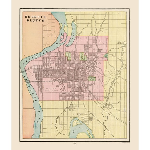 Historic City Map - Council Bluffs  Iowa - Cram 1892 - Vintage Wall Art