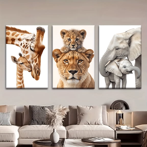Set of Three, Unframed Canvas Artwork Featuring Safari Park Jungle Animals Like Lions, Giraffes, And Elephants. Ideal for Decorating Living Rooms, Libraries, Offices, Cafes, And Bars. This Abstract