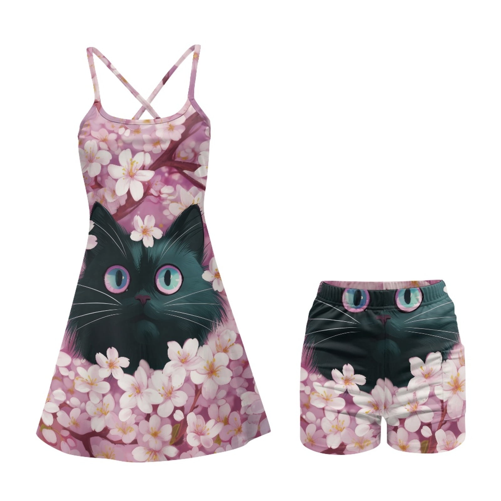Yuyamidu Black Cat Cross Backless Golf Dresses for Women Size M Built-in Shorts with Pockets, Pink Cherry Blsoom Tennis Dress Cute Athletic Dress for Women Girls, Breathable Soft