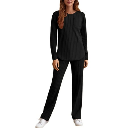MDUKONU Women s Ribbed 2-Piece Set - Long Sleeve Pocket Top & Elastic Wide Leg Pants Black S
