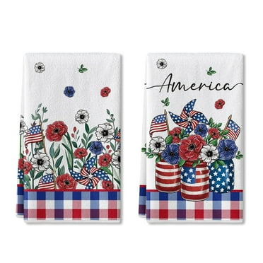 Sm:)e Buffalo Plaid Flower Vase American Flag 4th of July Kitchen Dish Towels Set of 2 18x26 Inch, Red, Soft & Absorbent Patriotic Independence Day Washcloth