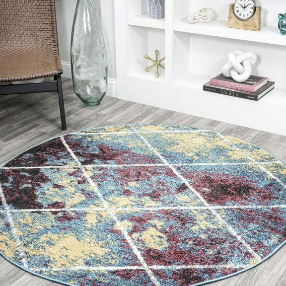 JONATHAN Y SUPERSOFT 5' Round Area Rug, Cole Minimalist Diamond Trellis - Multi/White, SEU102J-5R