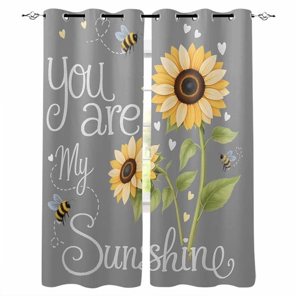You Are My Sunshine Blackout Curtains for Bedroom Living Room Darkening Curtains 54 Inch Long Yellow Sunflowers Cute Bees Heart Grey Short Curtain for Small Window Treatment Grommet Drapes 42"x54"x2