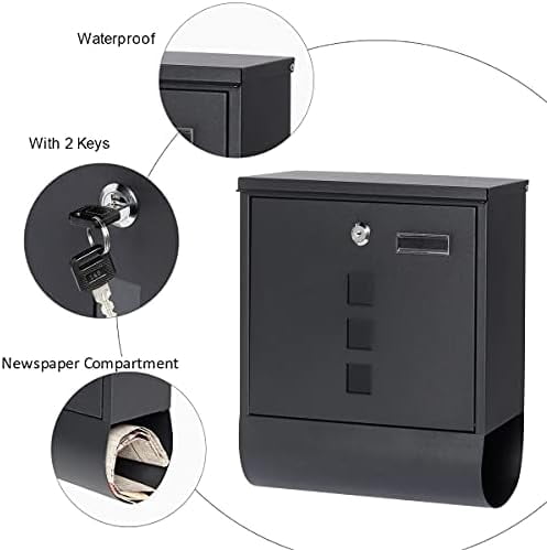 Locking Mailbox Wall Mount, Black Mailboxes with Secure Key Lock and Newspaper Compartment, Key Lock Drop Box Large Capacity with Galvanized Cover and Rust-Proof Metal Mailbox, HPB2210 Black