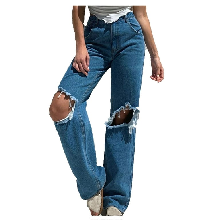 Huaai Women's High Waist Casual Pants Hole Denim Trouser Loose-Fitting Wide  Leg Jeans Plus Size Pants For Women Blue L 