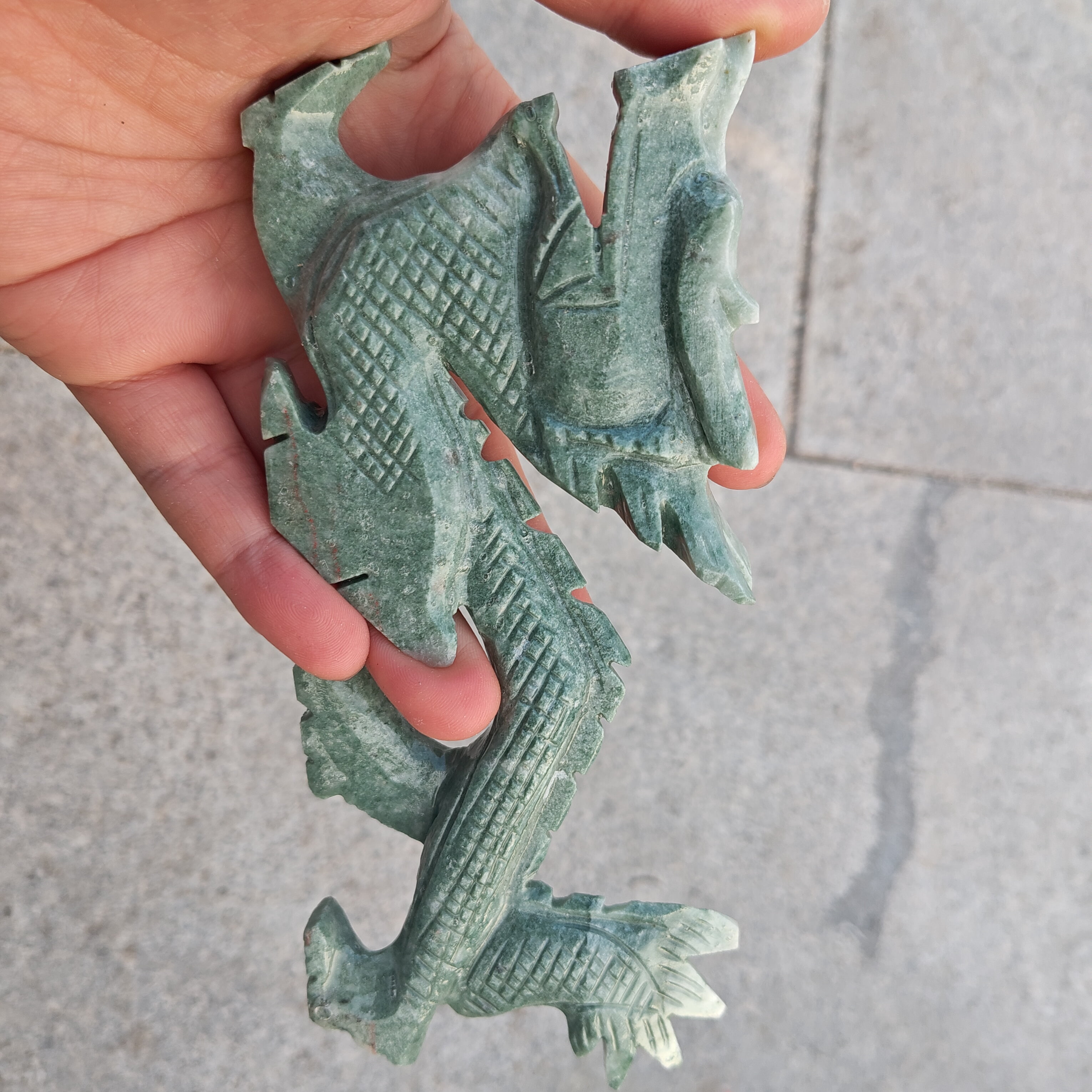 7.08inch Long Natural Green jade Dragon Statue Chinese Feng Shui Lucky Loong animal Figurine for Luck Success, Zodiac Crystal Healing Dragon