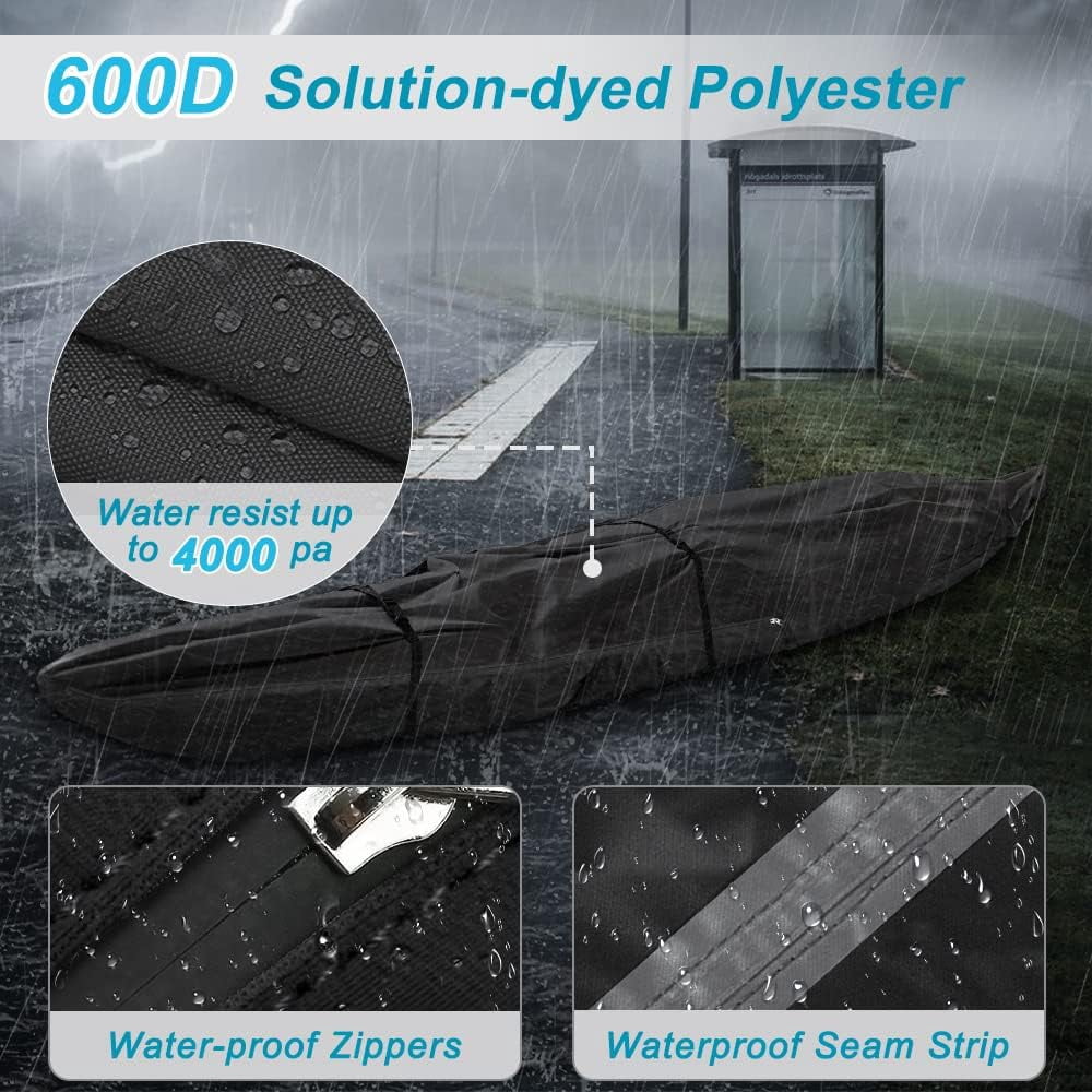 Seapisode 10ft Kayak Cover, 600D Tear Resistant Trailerable Kayak Covers for Outdoor Storage, Waterproof & UV-Proof Heavy Duty Canoe Cover for Indoor/Outdoor Storage(Black)