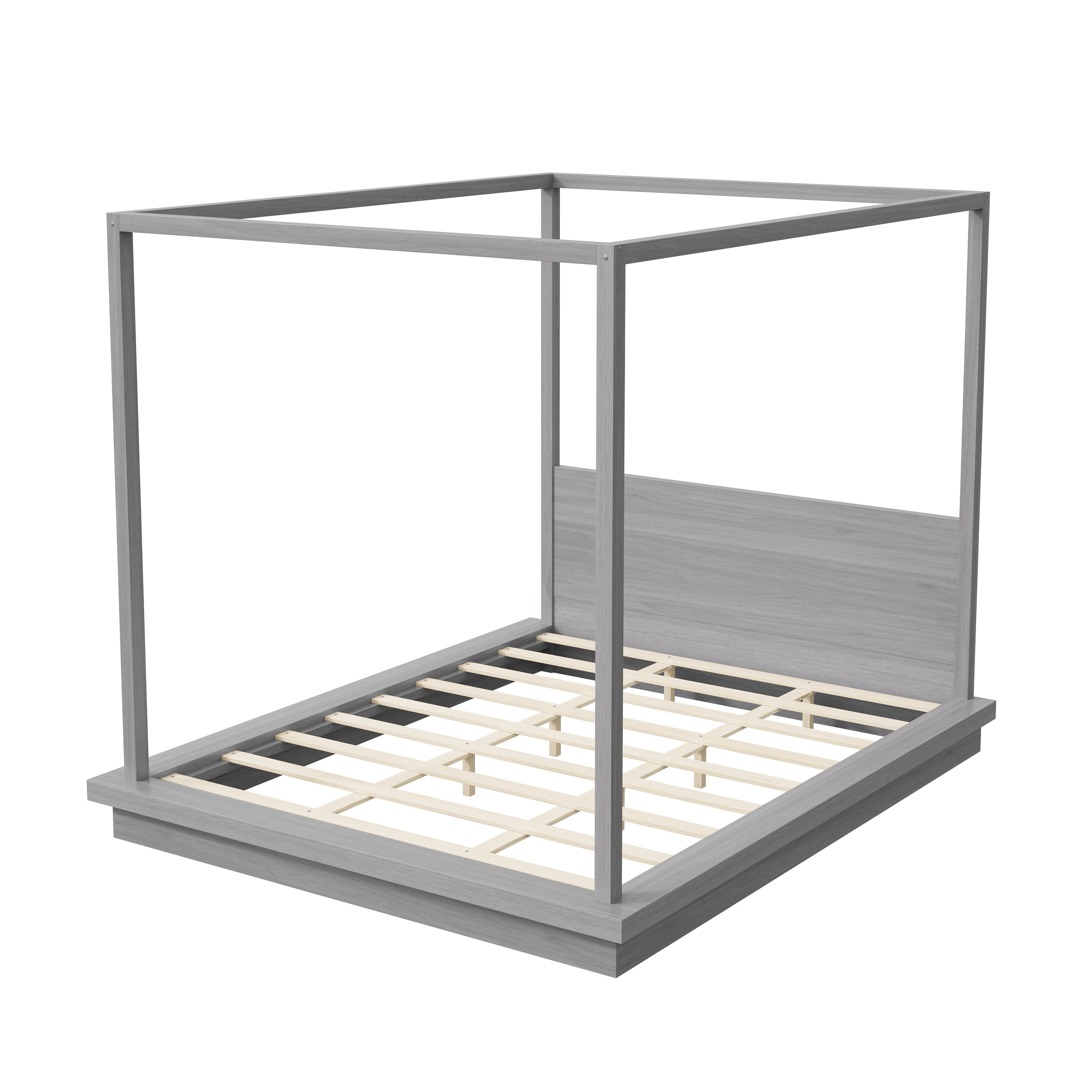 Euroco Wood King Size Canopy Bed, Four Poster Platform Bed, No Box Spring Needed, Gray
