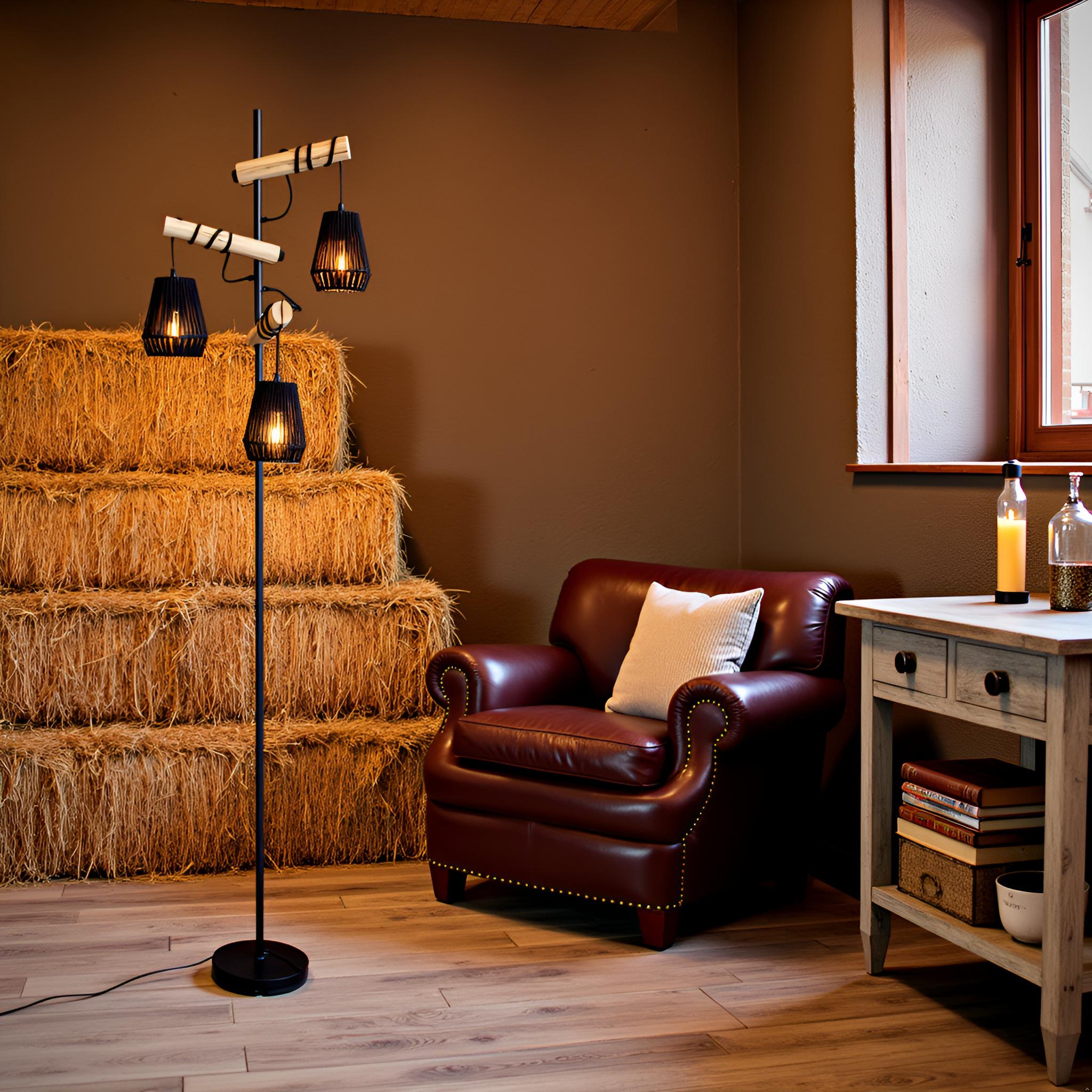 Floor Lamp 3 light,Handmade Boho  Shades Boho Wooden Standing Lamps  Farmhouse floor lamps for living room