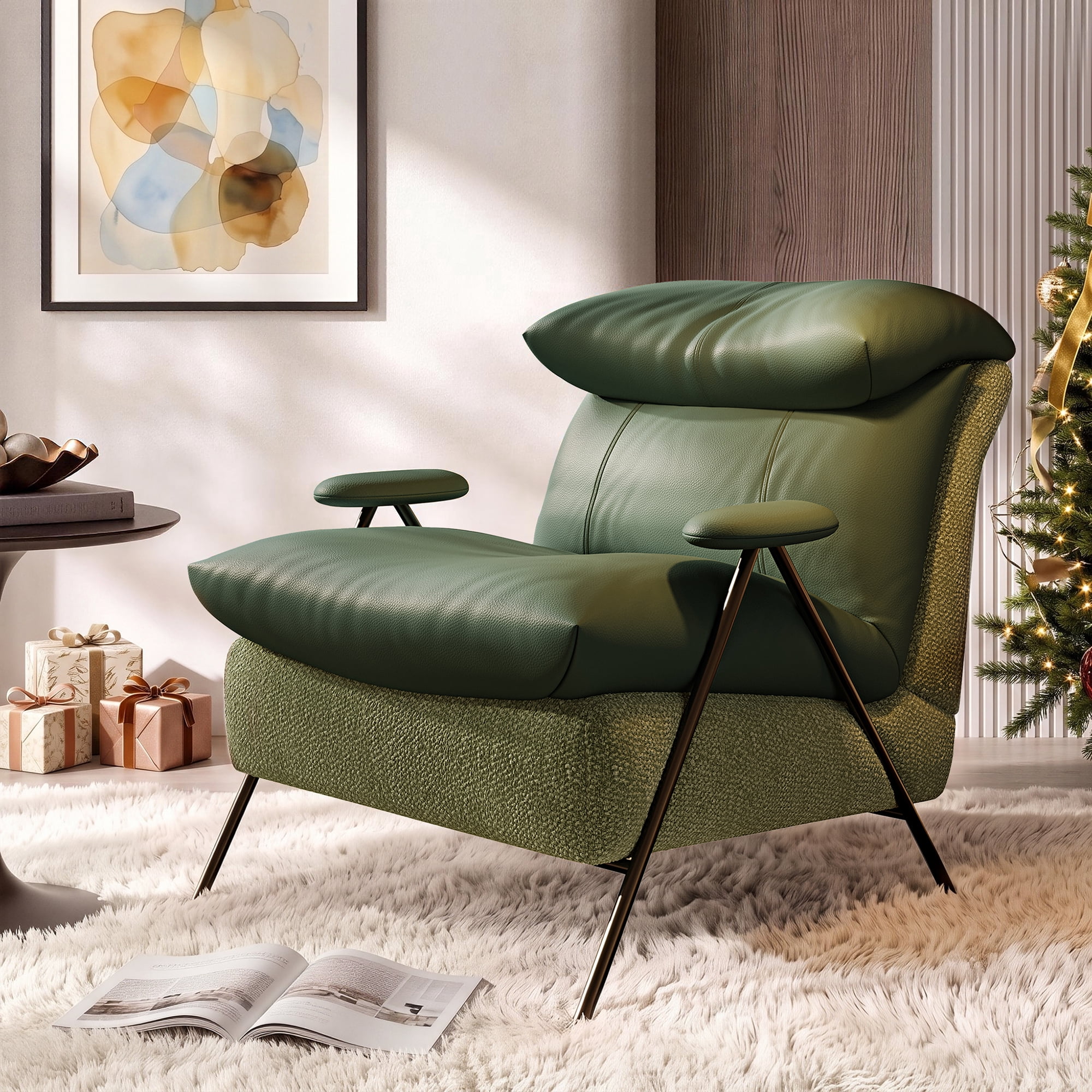 Aukfa PU Accent Chair, Modern Upholstered Armchair with Thick Padded Seat and Back for Living Room & Bedroom, Green