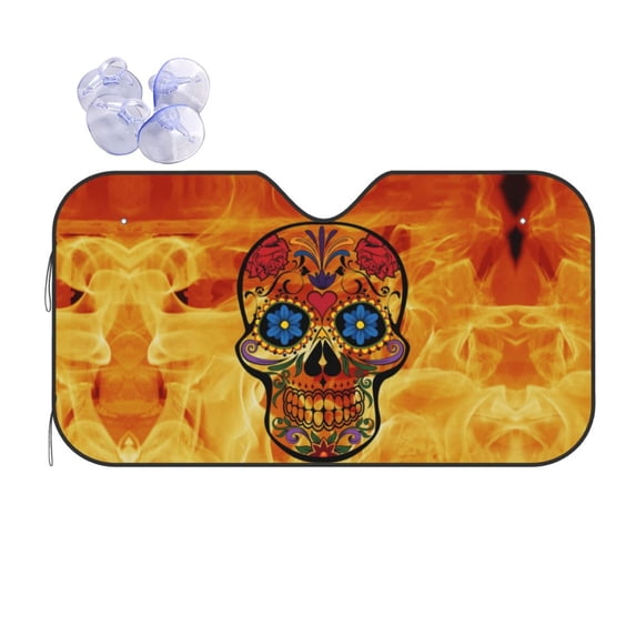 XMXY Car Sun Shade Windshield, Skull and Crossbones Fire Automotive Front Window Sun Visor for Cars SUV Trucks, Small Size