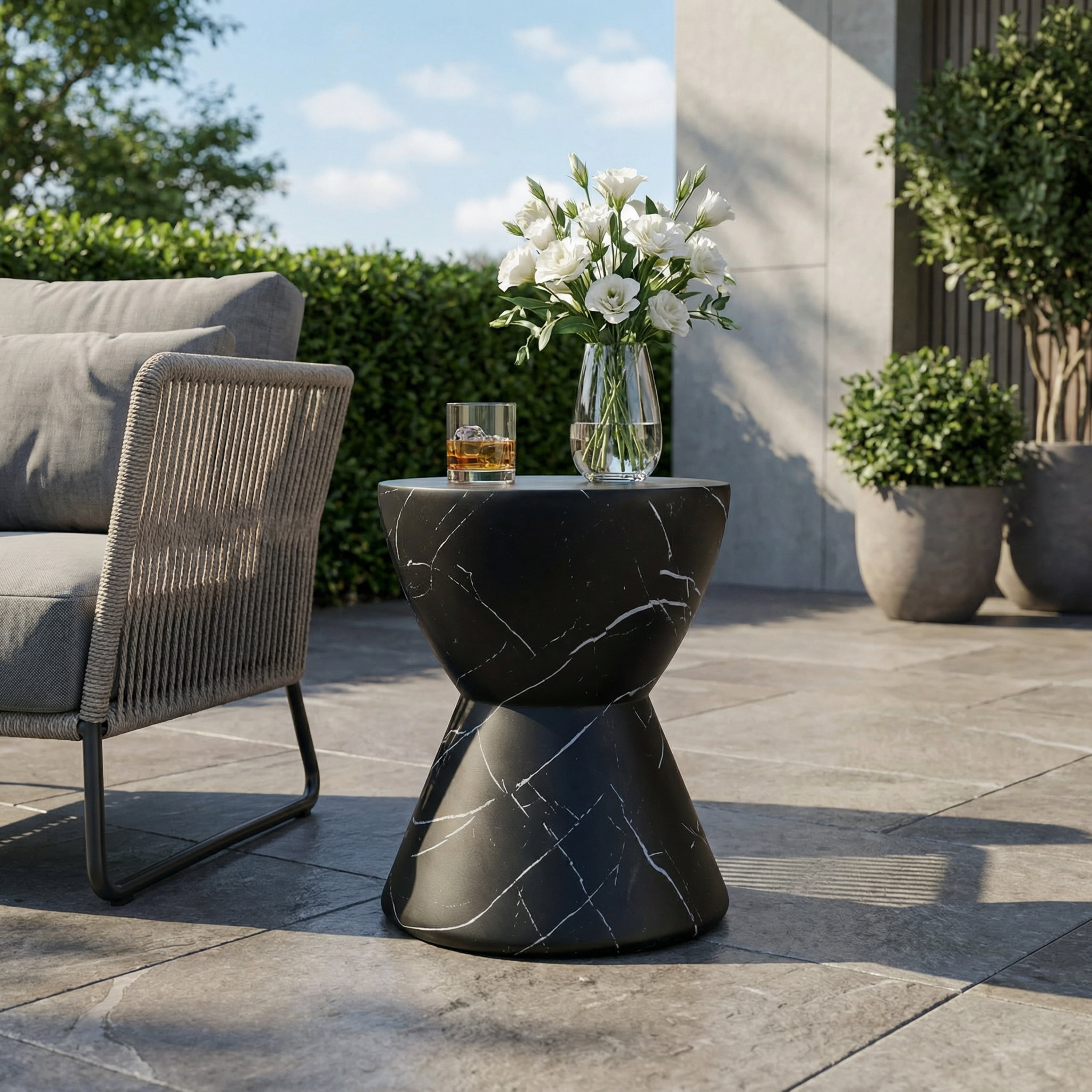 Side End Table, Outdoor Lightweight Concrete Table for Patio Balcony Garden, Black Marble