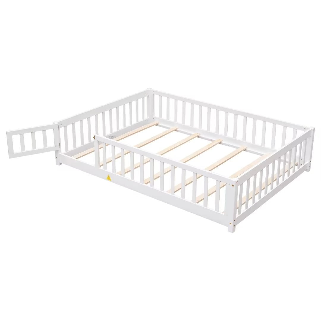 Full Size Floor Bed for Kids, Wood Full Montessori Bed Frame with Fence Guardrails and & Support Slats, Full Playhouse Bed with Door Design, Kids Fence Bed Playpen Bed for Toddler, Boys ,Girls, White
