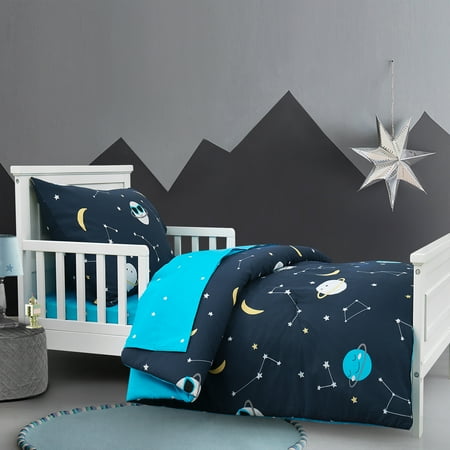 UPC: 0194938018777 | Hello Spud 100% Cotton Cool Space Dudes Cotton Toddler Comforter Set Navy 4Pc 42×57