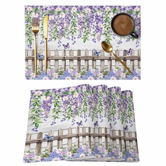 Spring Purple Flowers Placemats Set of 12, Farmhouse Leaves Fences Gray Wood Placemats for Dining Table, Place Mats for Kitchen Tabletop, Waterproof Wipeable Dining Table Mats Set