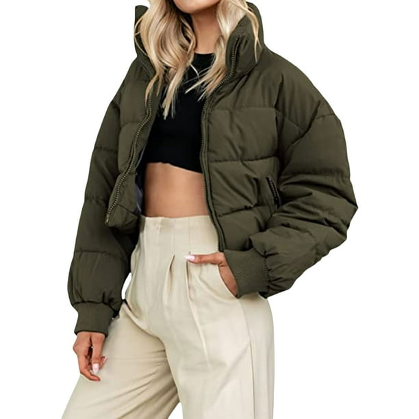 Boiiwant Women Cropped Puffer Jacket, Long Sleeve Stand Collar Zip