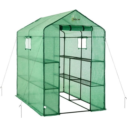 Machrus Ogrow Deluxe Walk-In Greenhouse with 2 Tiers and 8 Shelves - Green Cover