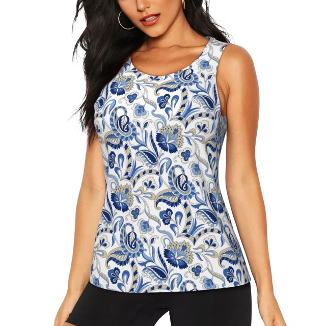 Fotbe Blue Paisley Blusas Sin Mangas para Mujer – Estilo Casual, Corte Suelto, Slim-Fit, Cuello Redondo Deportivo, Tops de Verano para Gimnasio y Yoga-Large