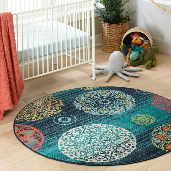 Unique Loom Azalea Collection Area Rug - Aromi (7' Round Navy Blue/Turquoise)