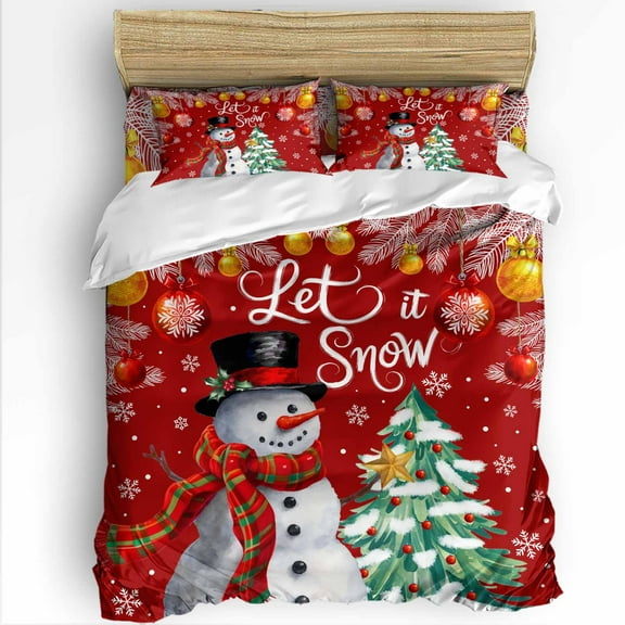 Red Snowman King Size Comforter Set, Christmas Tree Xmas Ball White Pine Leaf Let Snow Bedding for All Seasons, 4 Pcs Bed Set with 1Comforter (90"x106") ,1 Sheet(94"x116"), 2 Pillowcases (19"x35")