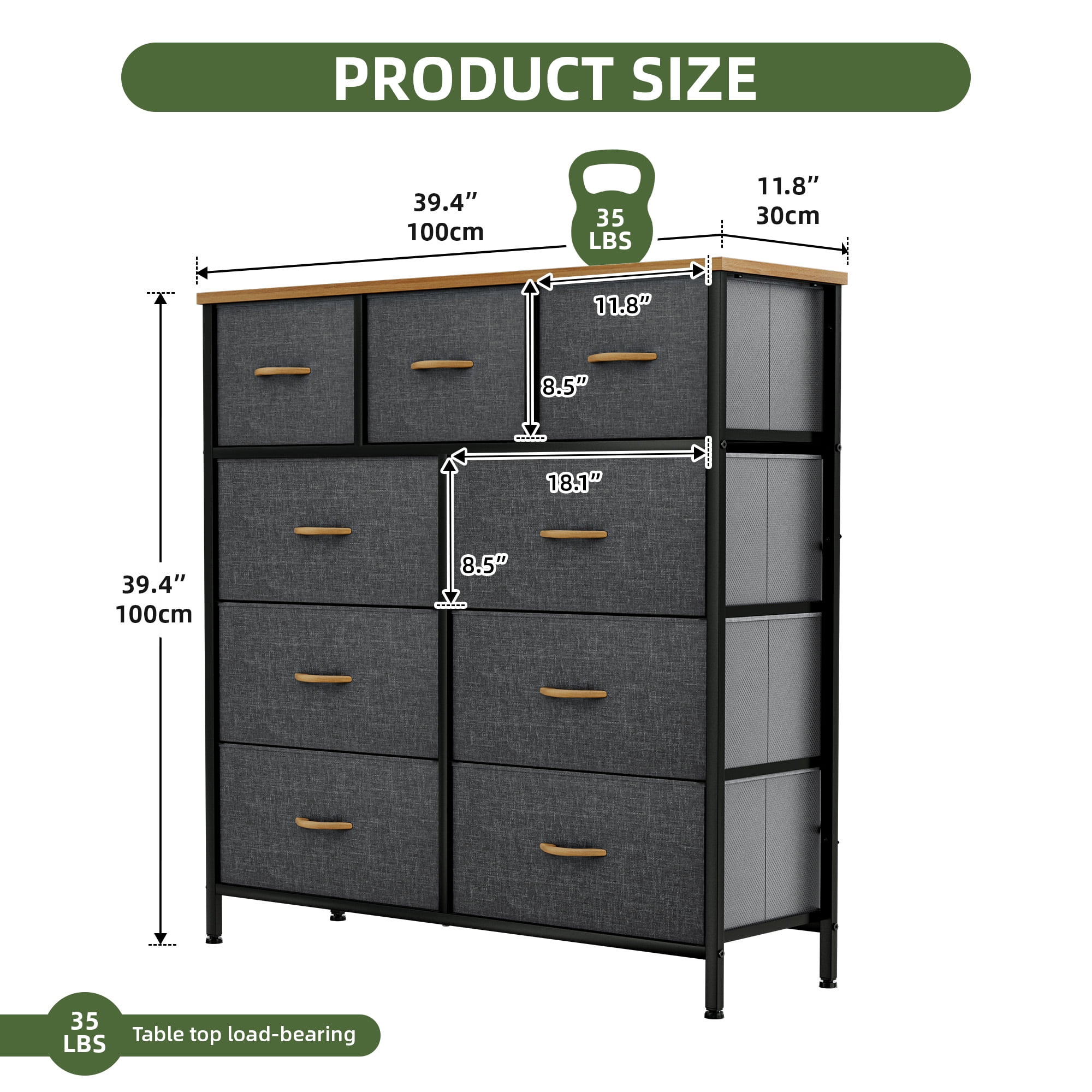 Uforic 9 Drawer Fabric Storage Dresser with Steel Frame for , Living Areas, Hallways, Closets, and Offices, Cool Gray