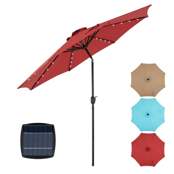 CONCETTA 10 ft Outdoor Patio Umbrella with Solar LED Lights, Yard Umbrella with 8 Sturdy Ribs, Push Button Tilt and Crank, Red