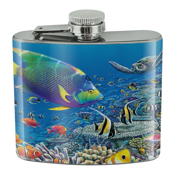 Ocean Coral Reef Angel Fish Garden Diving Stainless Steel 5oz Hip Drink Kidney Flask