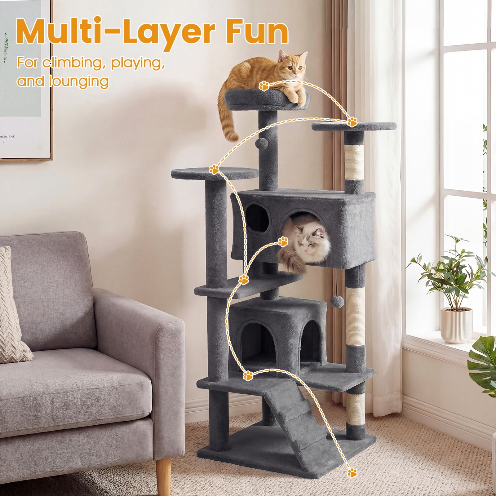 Gymax 52'' Tall Cat Tree Tower w/2 Condos Plush Padded Perch Sisal Scratching Posts Light Gray