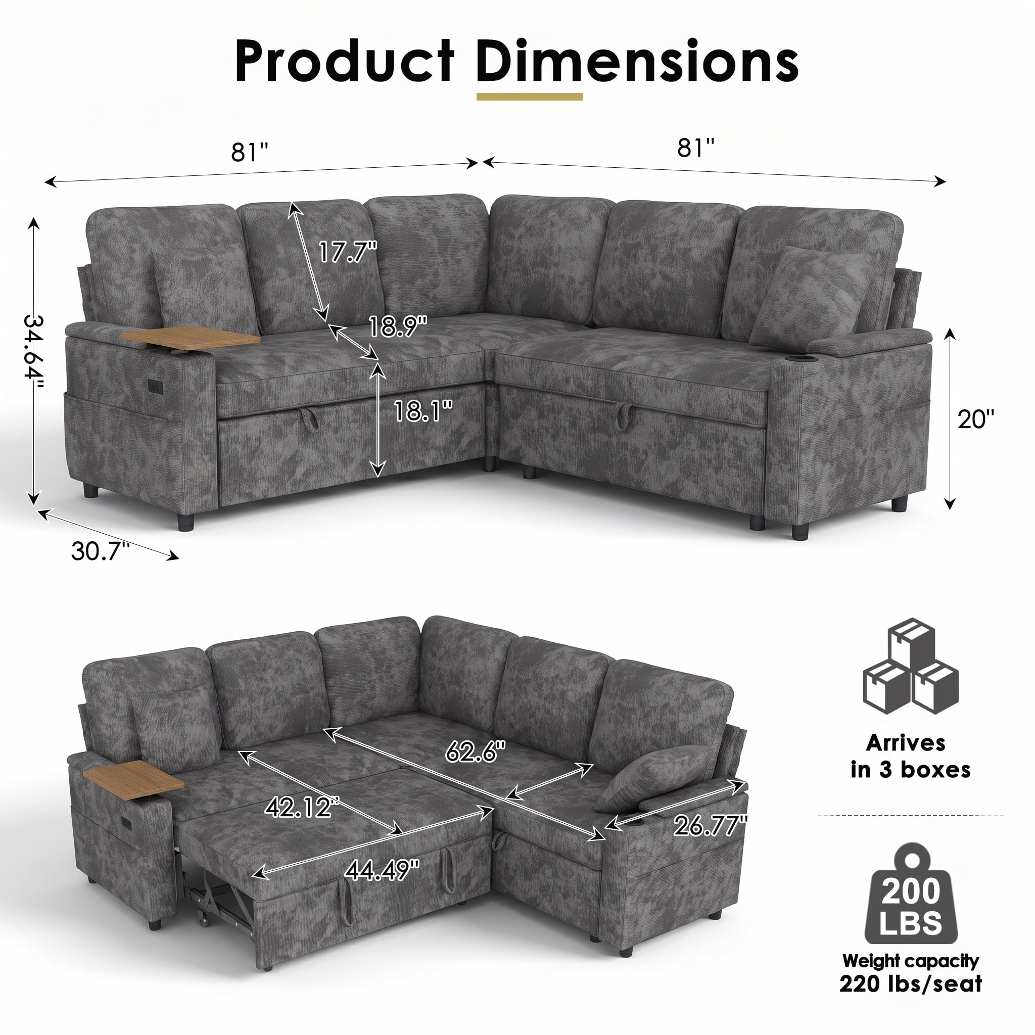 Xiweot 81" Modular Sectional Sleeper Sofa with Pull Out Couch, L Shaped Sofa Bed with Storage, Adjustable Backrest, USB Ports & Small Table, 5 Seaters Chenille Sofa for Living Room (Gray)