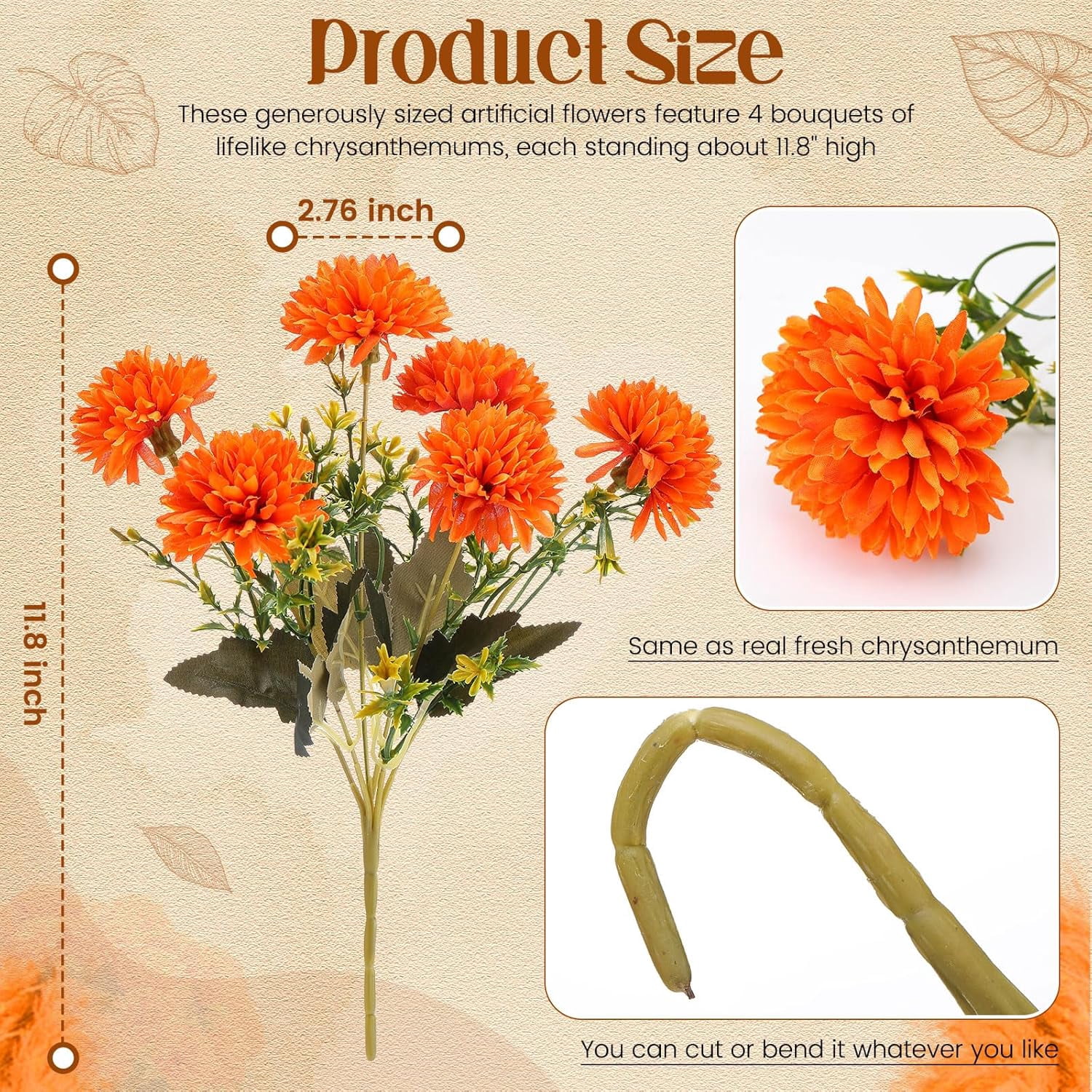 24 Heads Artificial Chrysanthemums Flowers Bouquets Silk Chrysanthemum Ball Fake Mum Artificial Mums for Outdoors Faux Silk Ball Flower for Home Table Centerpieces Decor (Orange)