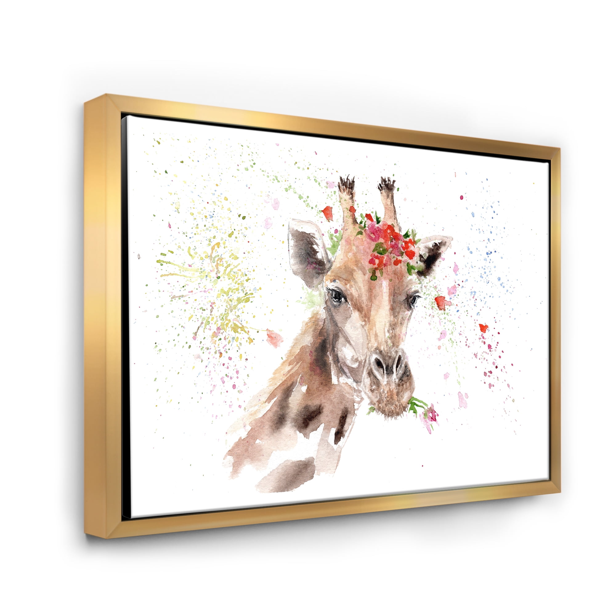 Portrait of A Giraffe With Red Flowers II 20 in x 12 in Framed Painting Canvas Art Print, by Designart