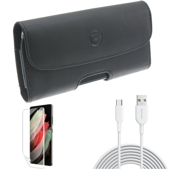 Case Belt Clip & Matte Screen Protector & 6ft USB-C Cable for Samsung Galaxy S22 Plus (S22 ) - Combo Leather Holster Cover & TPU Film Anti-Glare & Type-C Fast Charger Cord