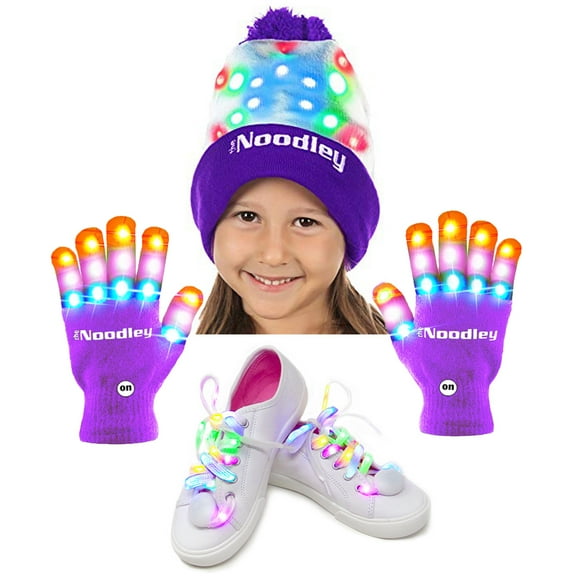 The Noodley LED Gloves for Kids Light Up Hat and Shoelaces Set Gift Toys for Boys and Girls, Purple Small Age 4-9