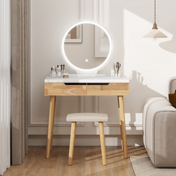 FULLWATT Vanity Table Set with 3 Modes Adjustable Brightness Mirror and Cushioned Stool, Dressing Table Vanity Makeup Table with Free Make-up Organizer