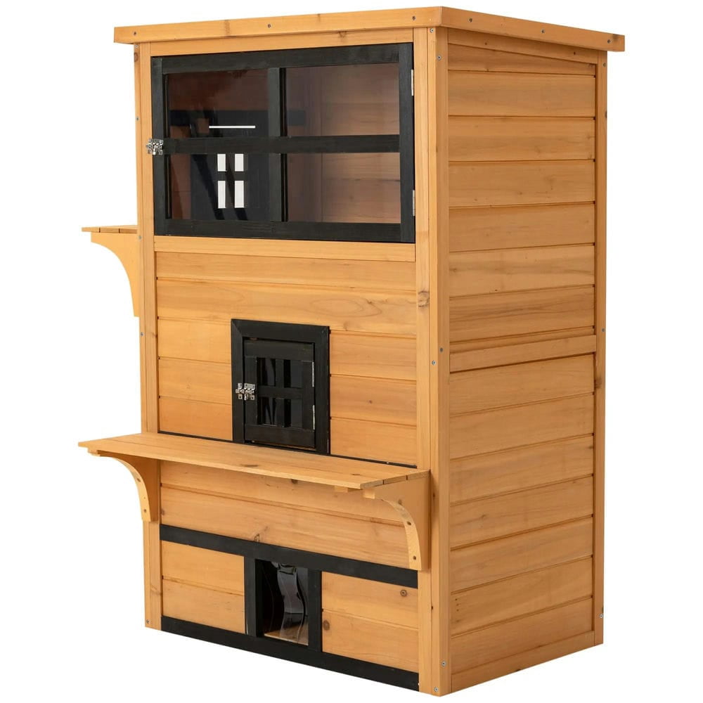 Topcobe Outdoor Cat House, 3-Tier Kitty Shelter with 5 Escape Doors, Weather Resistant, Outdoor Wooden Feral Cat Shelter, Yellow & Black