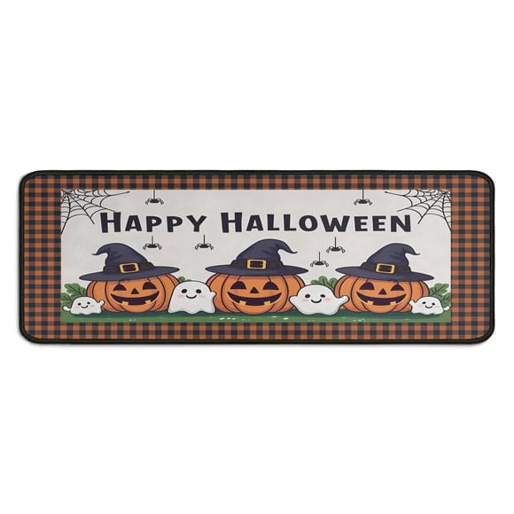 2 Pcs Happy Halloween Kitchen Rugs and Mats Set Evil Pumpkinm Cute Ghost Kitchen Rugs and Mats Anti Fatigue Kitchen Floor Matfor Outdoor Bedroom (47x17+30x17 Inches)