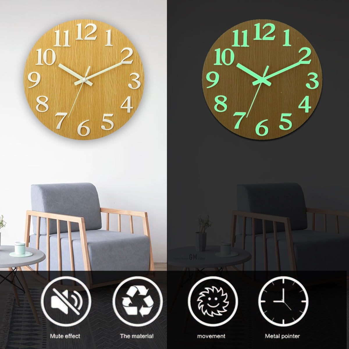 Luminous Wall Clock Number Quartz Hanging Glow In The Dark Silent Bedroom Walmart Canada