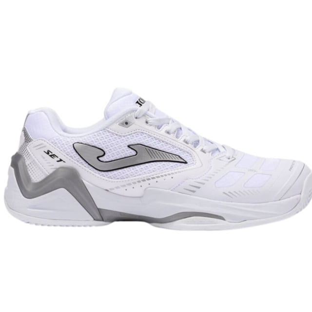 tenis joma setmen tsetw2502ac blanco hombre 26cm Zapatilla lateral derecha blanca con malla transpirable, refuerzos sintéticos y logo Joma gris; suela de caucho con soporte lateral y talón reforzado, pensada para desplazamientos de intensidad moderada en pádel o tenis; talla 26 cm.