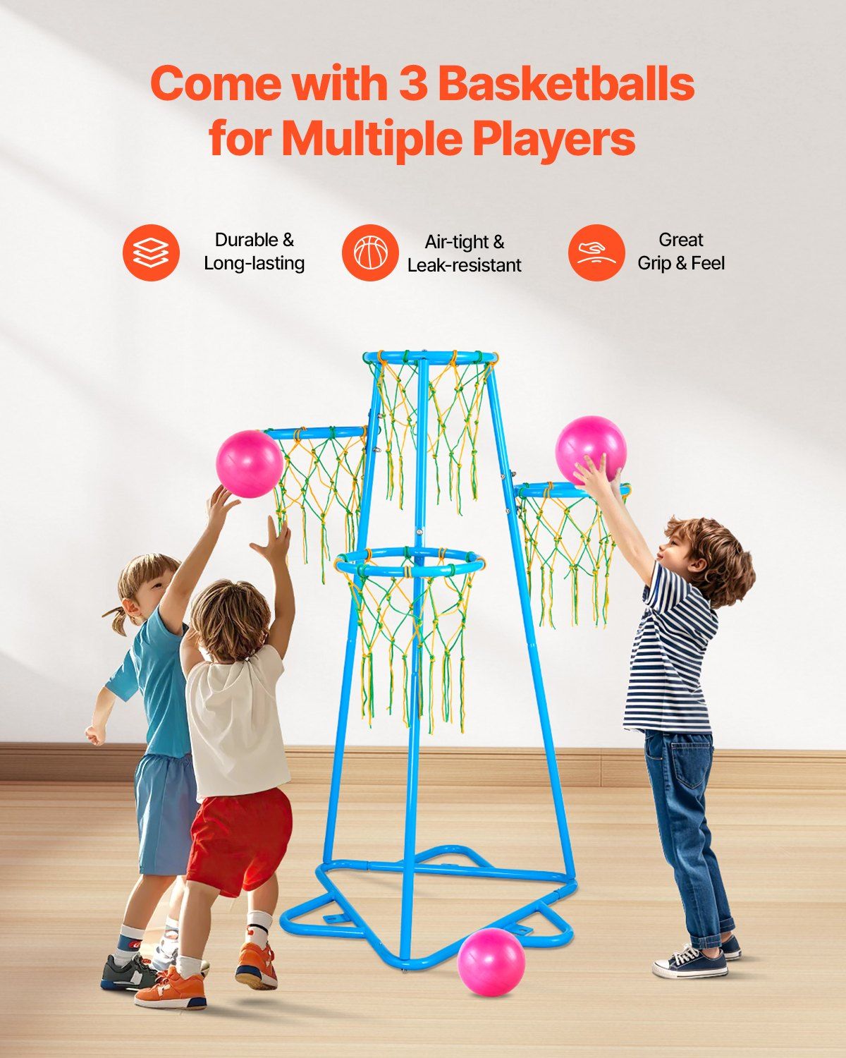 Adjustable Kids Basketball Hoop Set with 4 Hoops,Portable Stand,3 Balls-Indoor and Outdoor Fun for Boys and Girls of All Ages