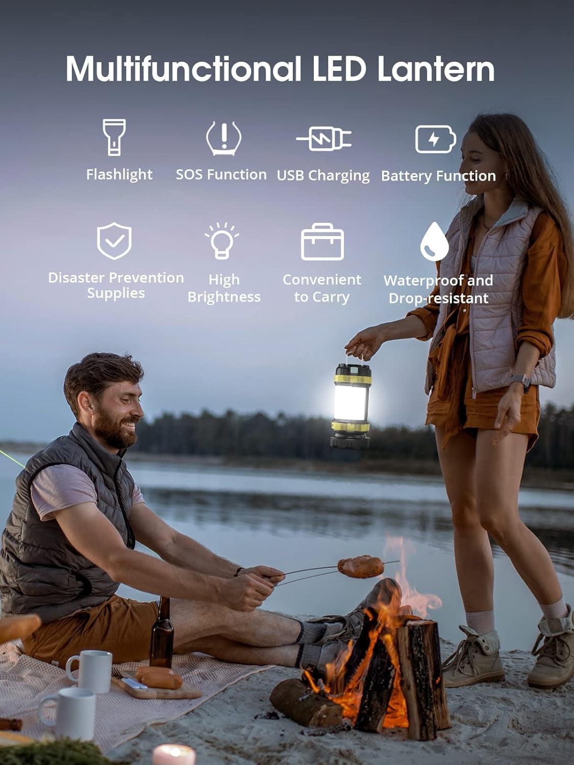 BEEPRINCESS Rechargeable LED Camping Lantern, 800 High-Lumen Flashlight with 4000mAh Power Bank, 6 Modes, IPX4 Waterproof, Ideal for Camping/Hiking/Outdoor Recreations/Outage/Hurricane/Emergency