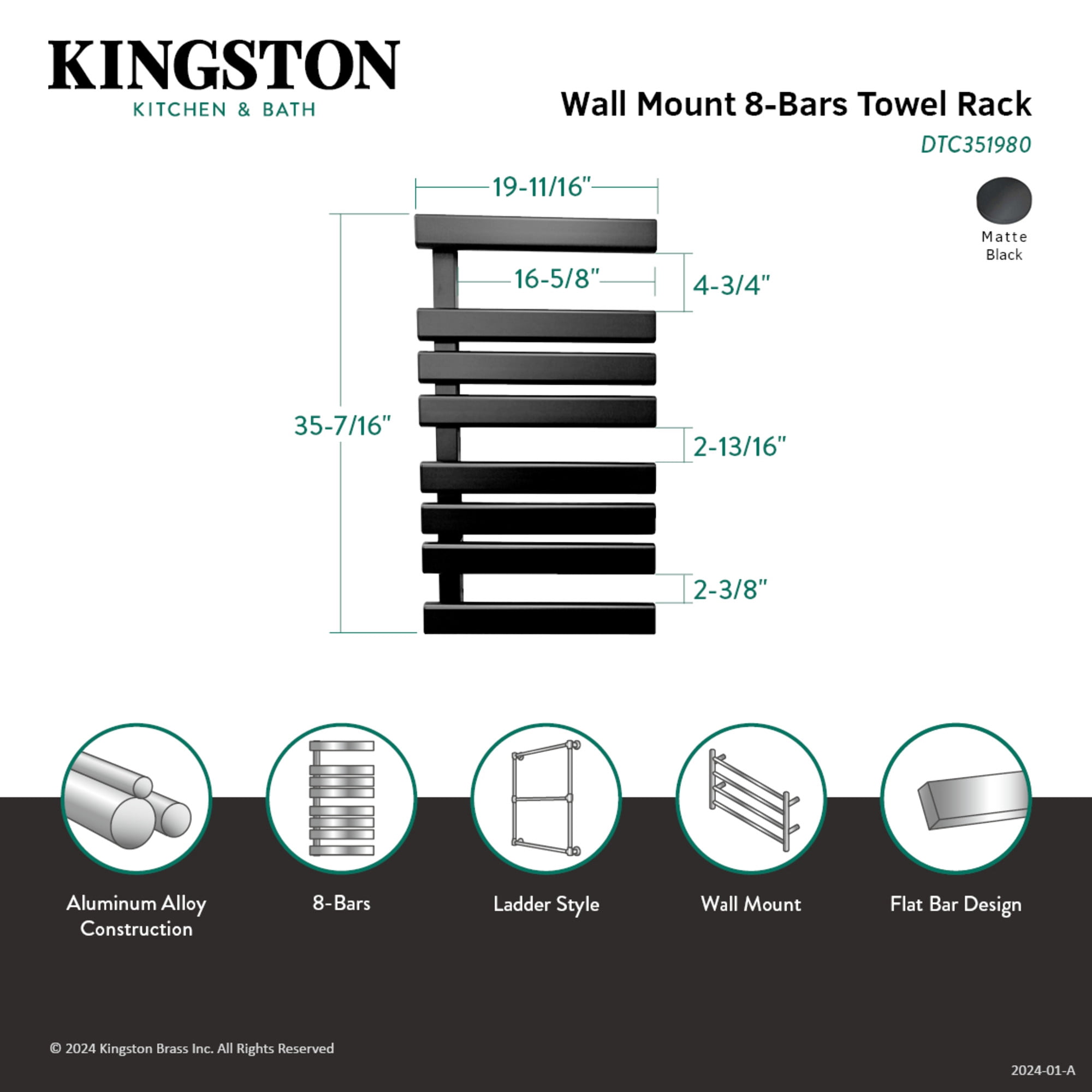 Kingston Brass DTC351980 Metzinger 36" x 20" Aluminum Wall Mount Towel Rack, Matte Black