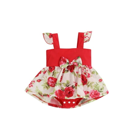 

Sunisery Toddler Infant Baby Girls Ruffle Suspender Romper Flower Skirt Hem Square Collar Bow Triangle Jumpsuits Red 6-12 Months