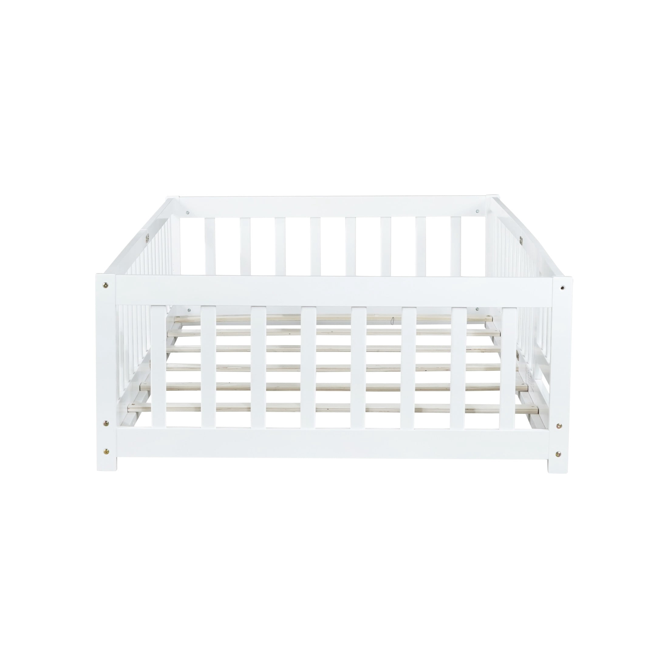 Noble House Twin Floor Bed with Safety Guardrails and Door, Rubber Wood Montessori Bed, Kid's Room, White