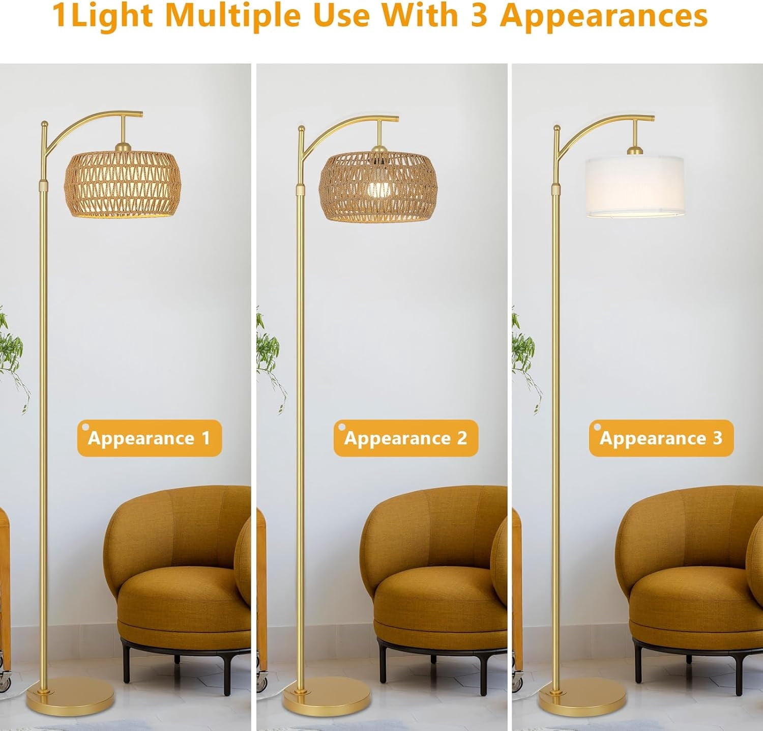 Arc Floor Lamp with Rattan Shade, LED Standing Lamp with Remote, Dimmable, Adjustable