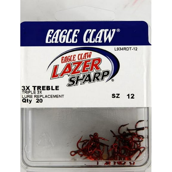 Lazer Sharp L934RDTH-12 3X Treble Hook, Red, Size 12, 20 Pack
